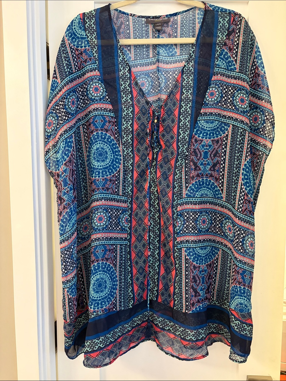 Maternity Coverup - A Pea in the Pod Blue and Pink Boho Print Kimono Tunic